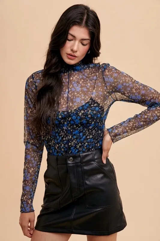 Floral Lettuce Hem Sheer Mesh Top, image 4