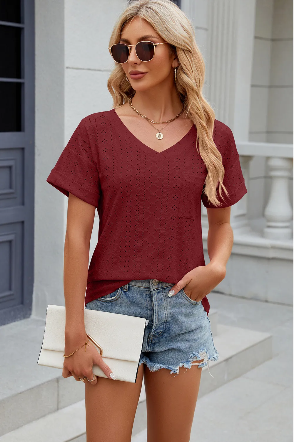 Eyelet V-Neck Short Sleeve T-Shirt, image 15