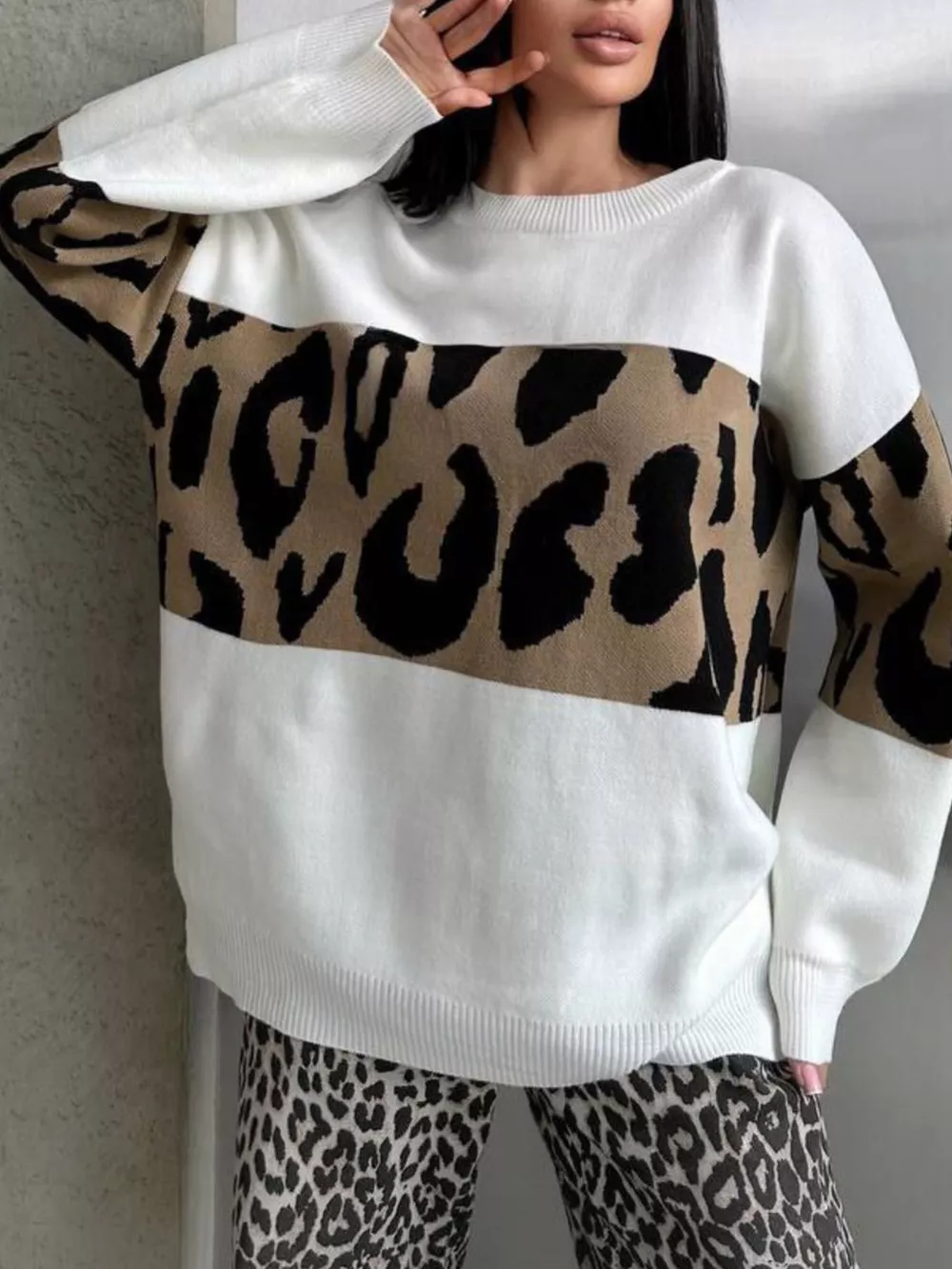 Leopard Color Block Round Neck Sweater, image 9