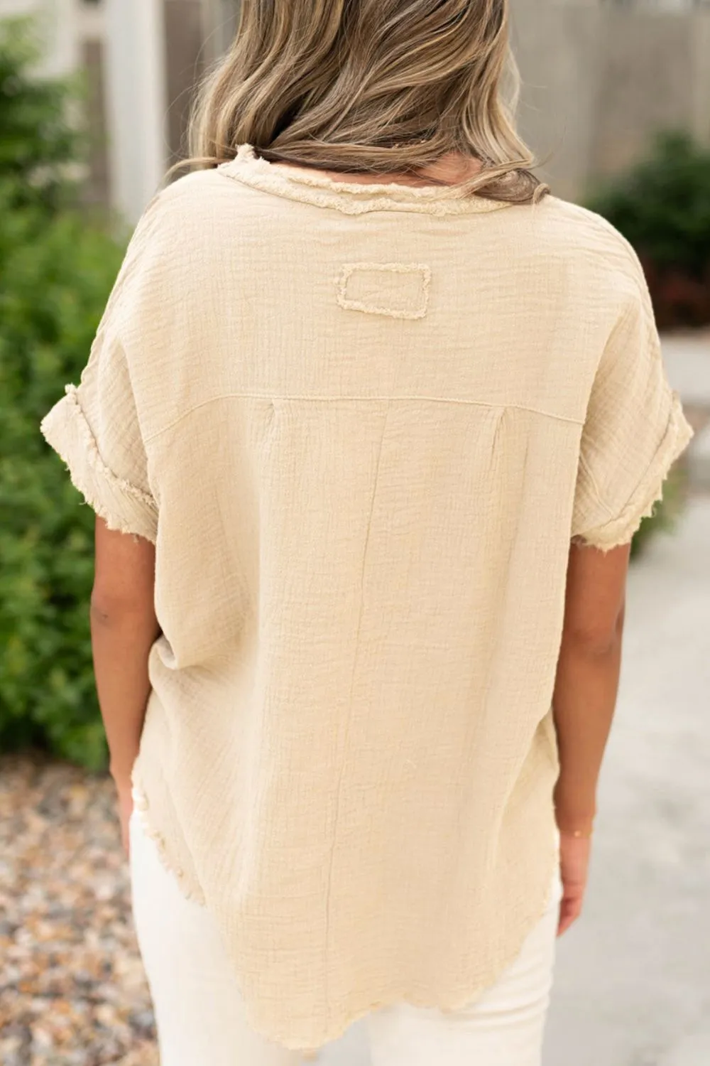 Textured Frayed Trim Half Button Short Sleeve Top, image 10