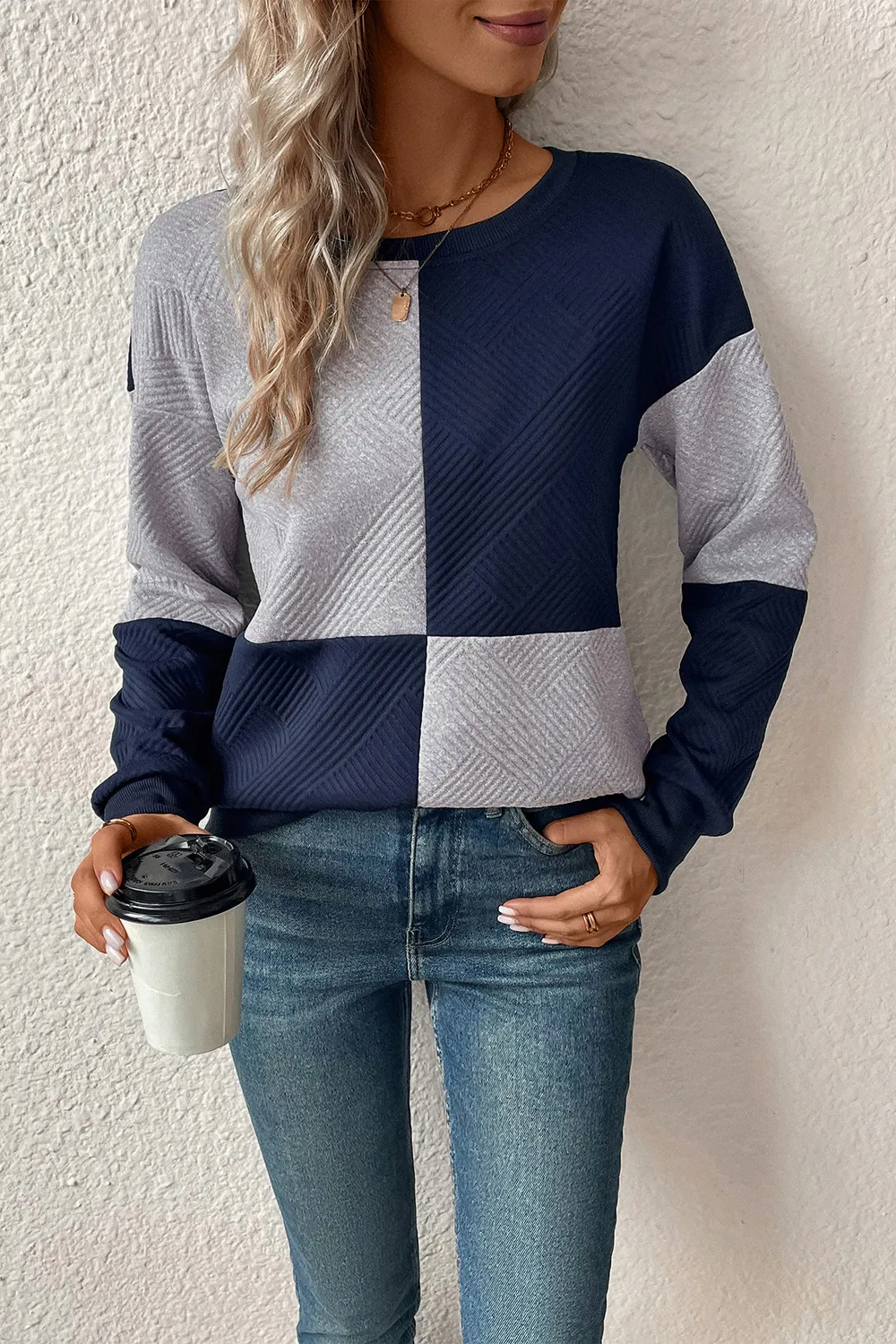 Textured Color Block Round Neck Sweatshirt, image 16