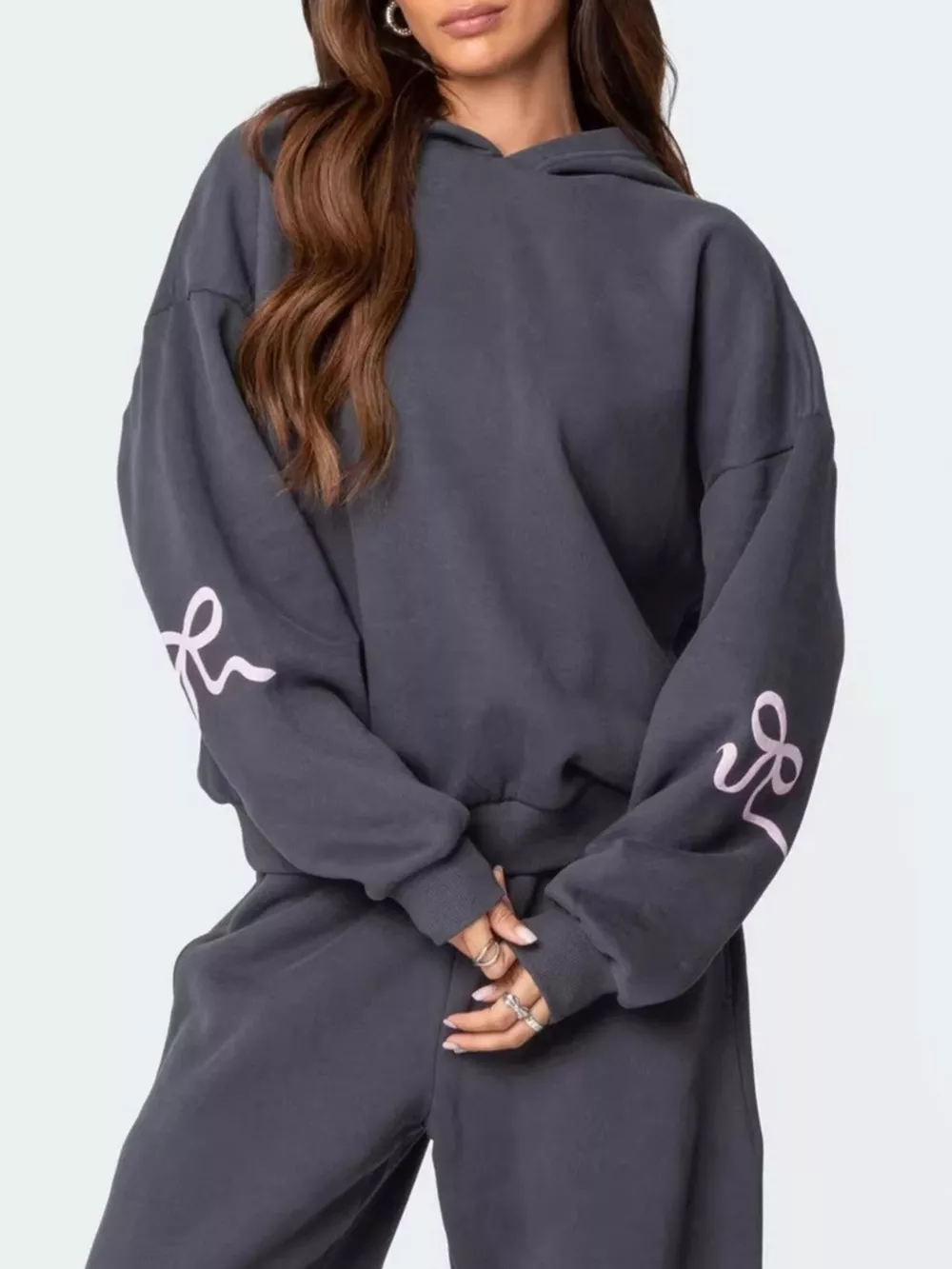 Bow and Heart Dropped Shoulder Hoodie and Pants Set, image 7
