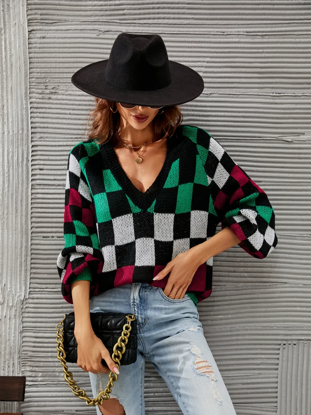 Checkered V-Neck Lantern Sleeve Sweater, image 10