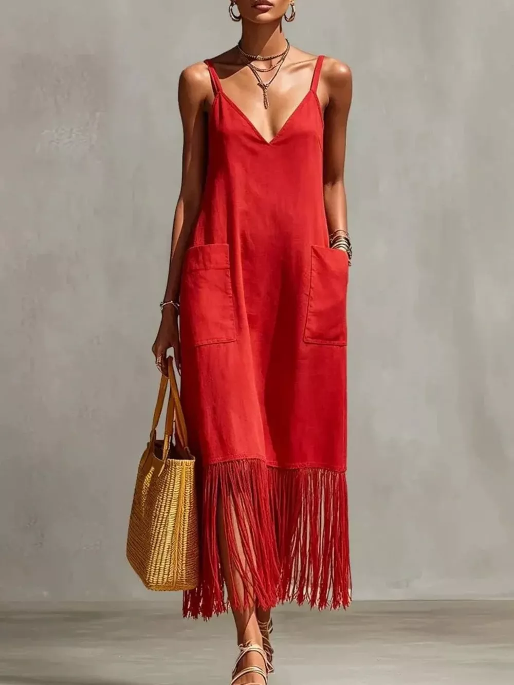 Full Size Fringe V-Neck Spaghetti Strap Dress Plus Size, image 7