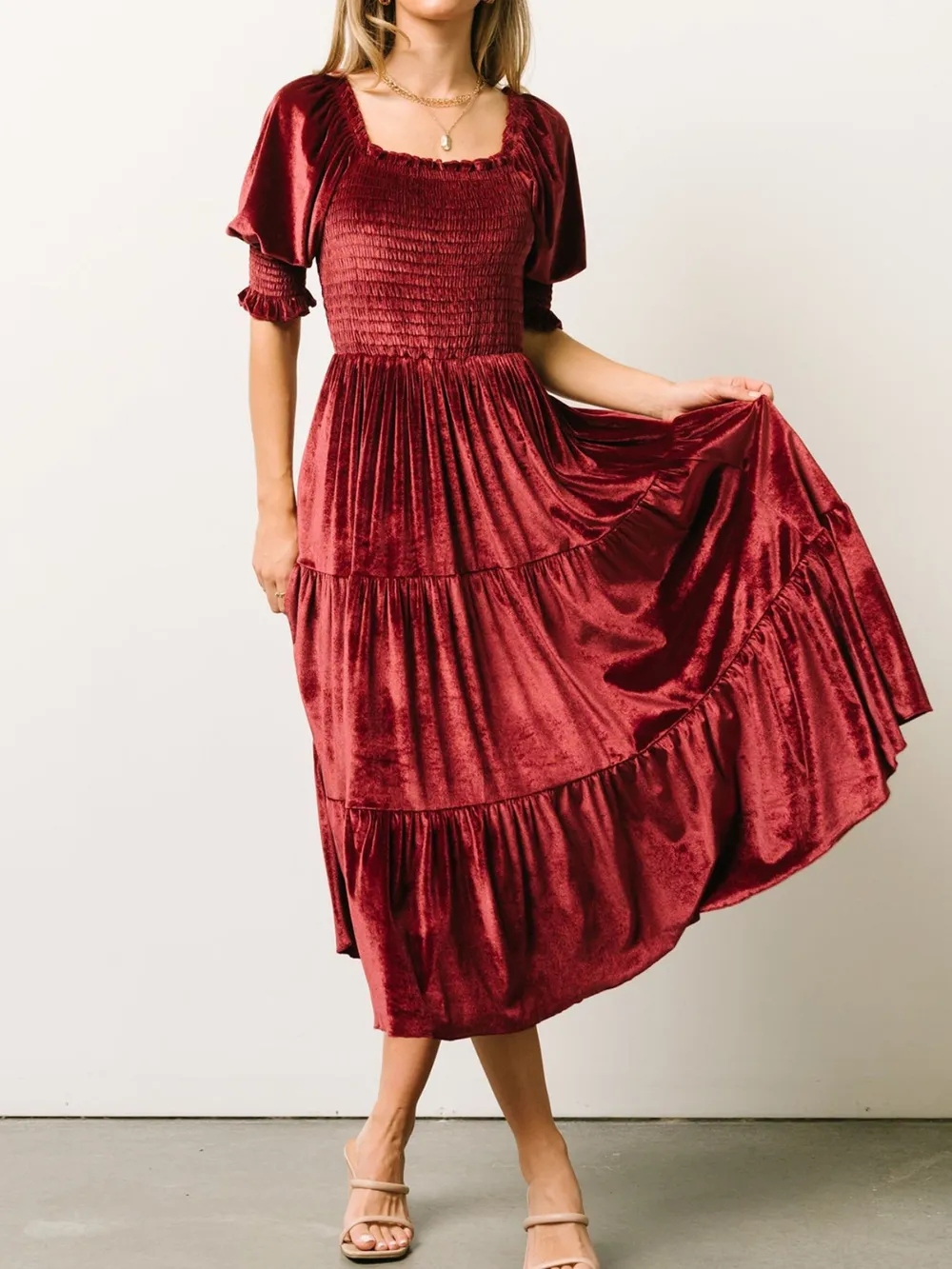Smocked Half Sleeve Tiered Midi Dress, image 12
