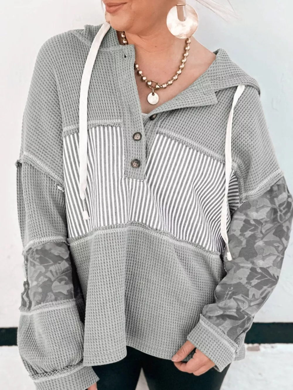 Waffle Knit Striped Drawstring Hoodie, image 3