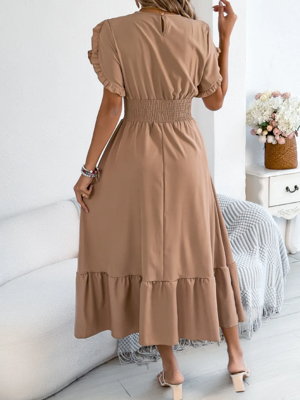 Smocked Frill Round Neck Midi Dress, image 13