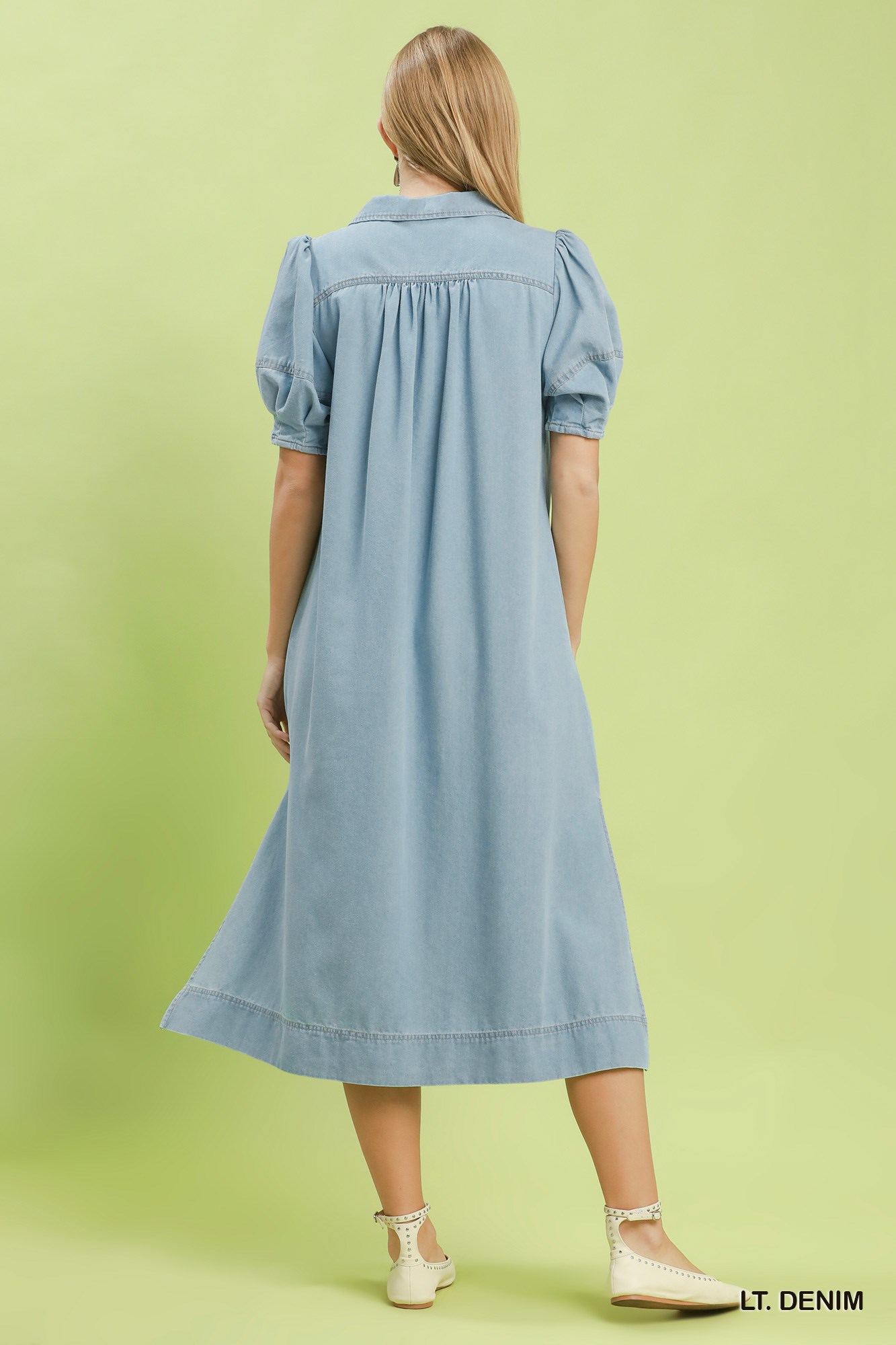Chambray Collared Puff Sleeve Dress, image 3