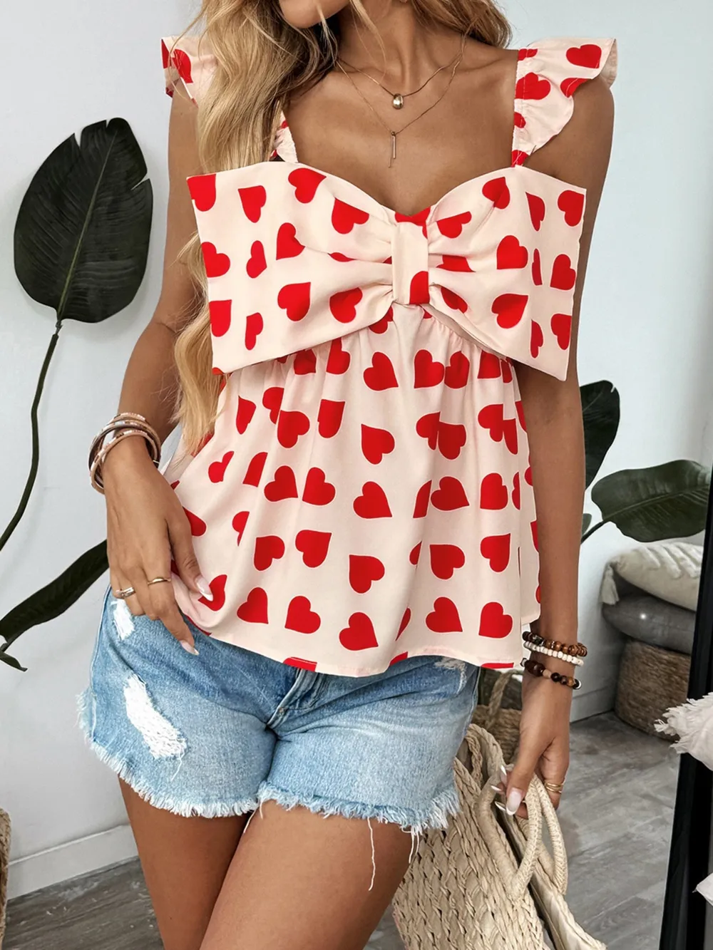 Heart Print Bow Front Peplum Blouse, image 6