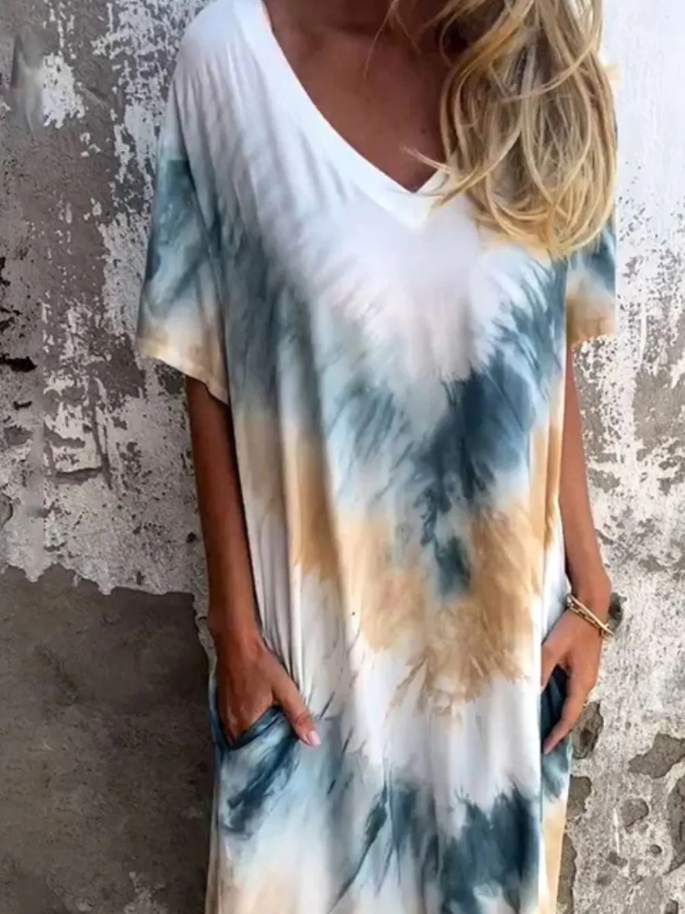 Full Size Tie-Dye V-Neck Midi Dress with Pockets Plus Size, image 8