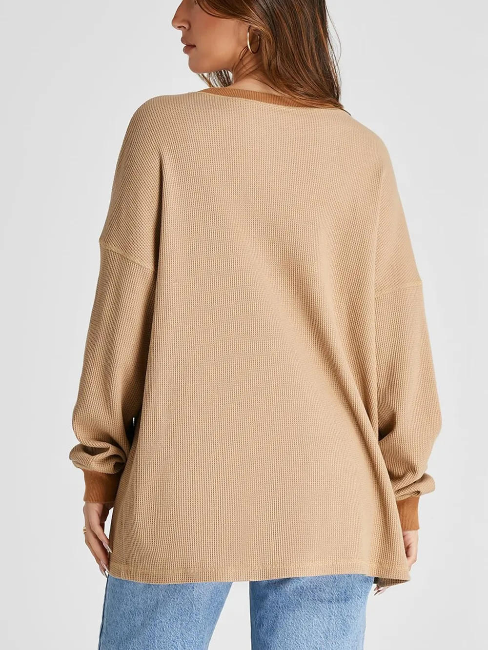 Waffle Knit Round Neck Long Sleeve T-Shirt, image 13