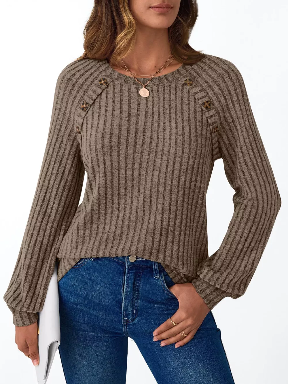 Ribbed Knit Decor Button Long Sleeve T-Shirt, image 27