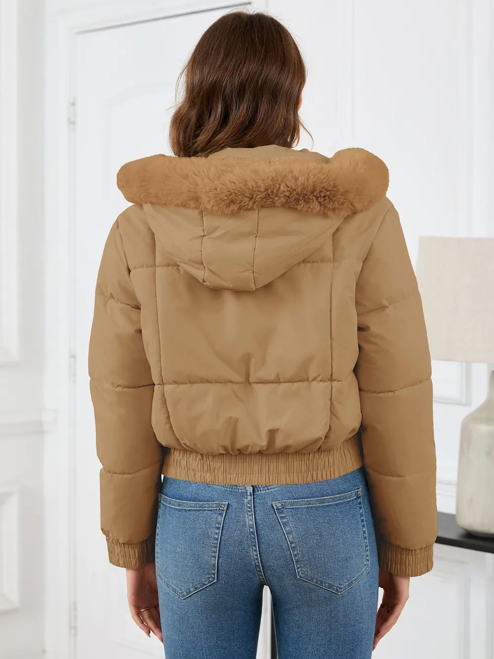 Pocketed Long Sleeve Cropped Hooded Winter Coat, image 3