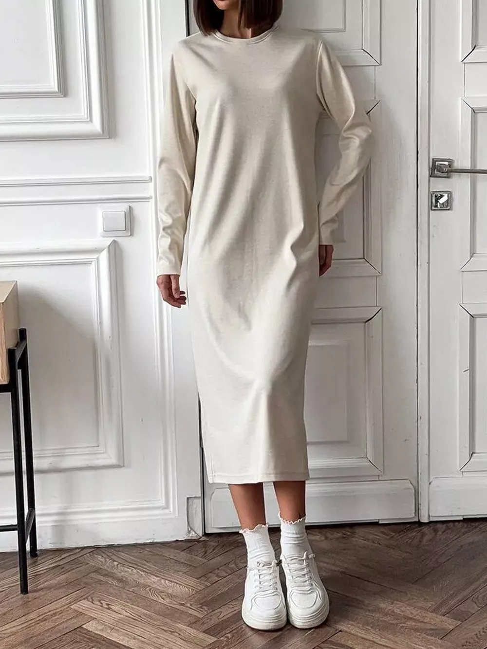 Round Neck Long-Sleeve Midi Dress, image 2