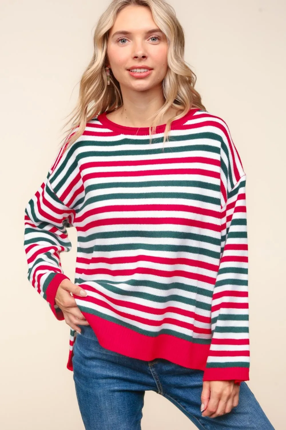 Full Size Striped Contrast Side Slit Knit Top, image 5