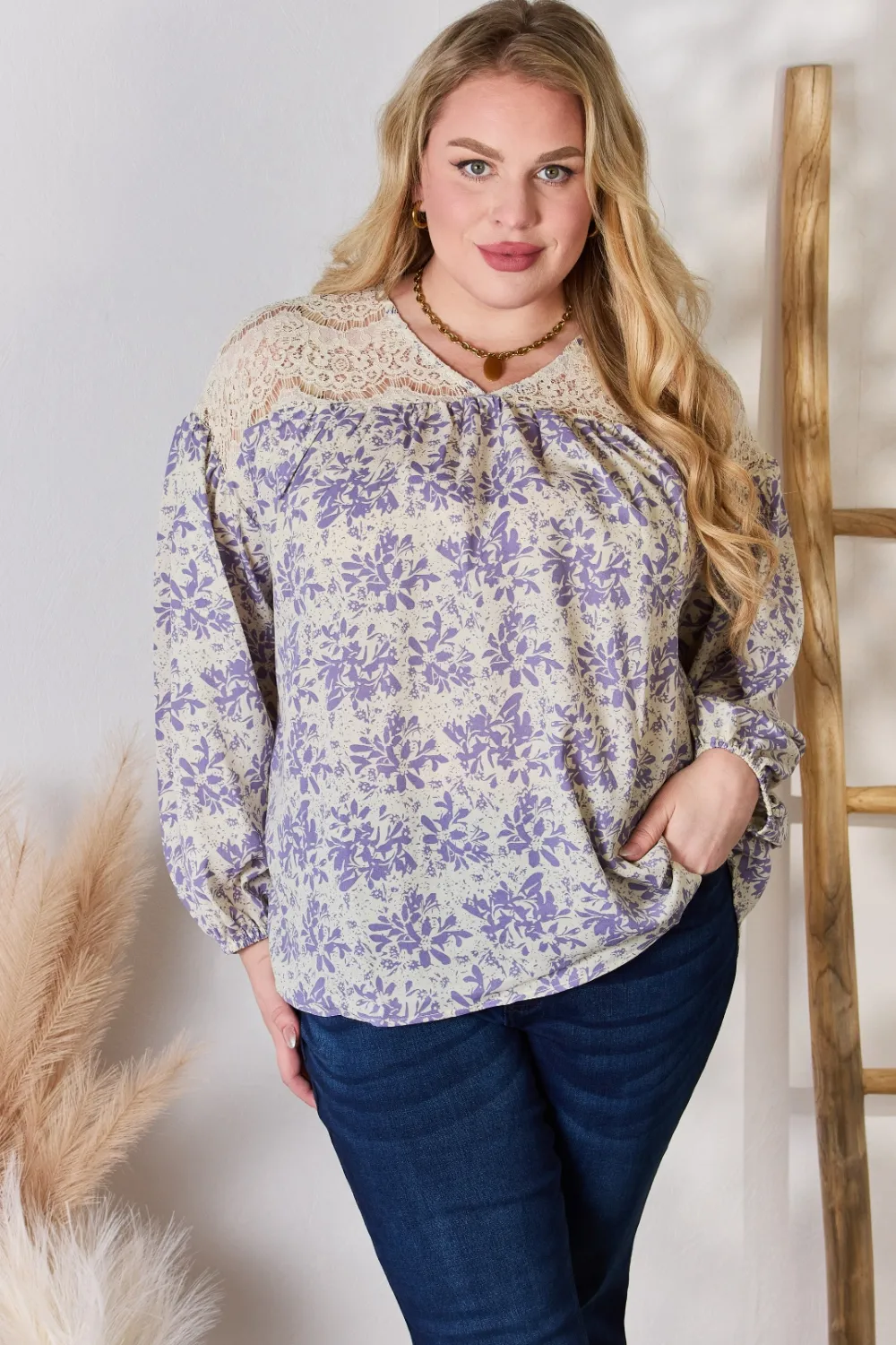 Full Size Lace Detail Printed Blouse, image 9