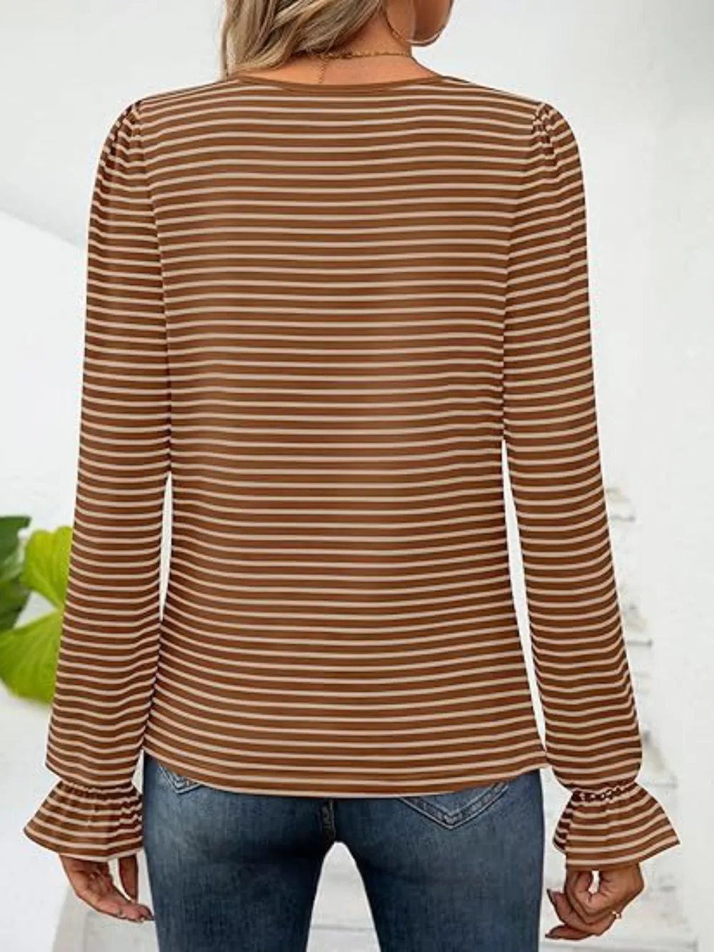 Striped Square Neck Flounce Sleeve Top, image 25