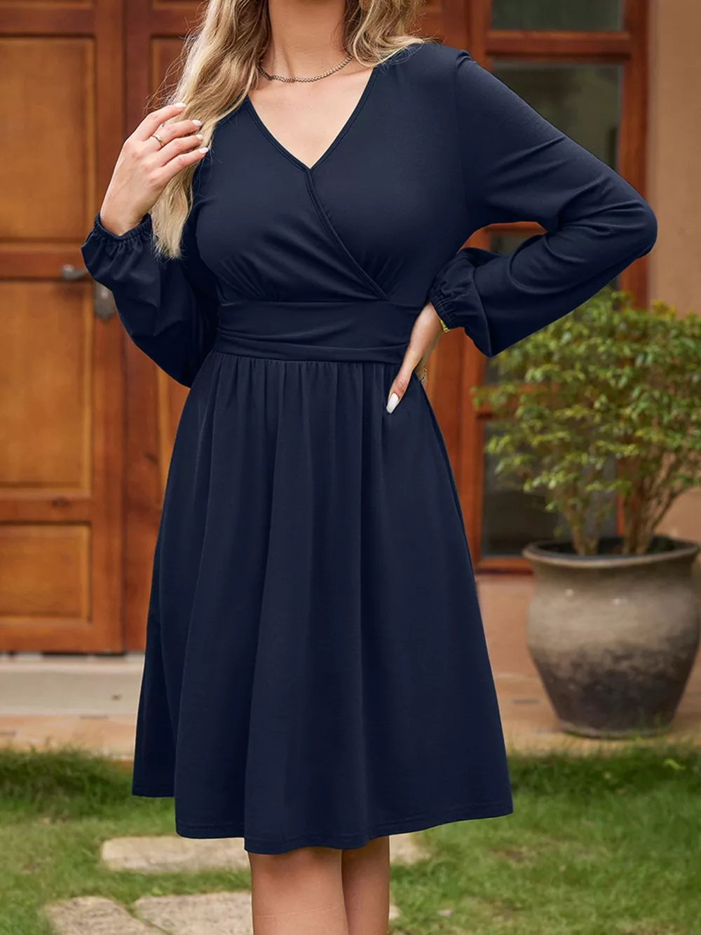 Faux Wrap V Neck Long Sleeve Mini Dress, image 6