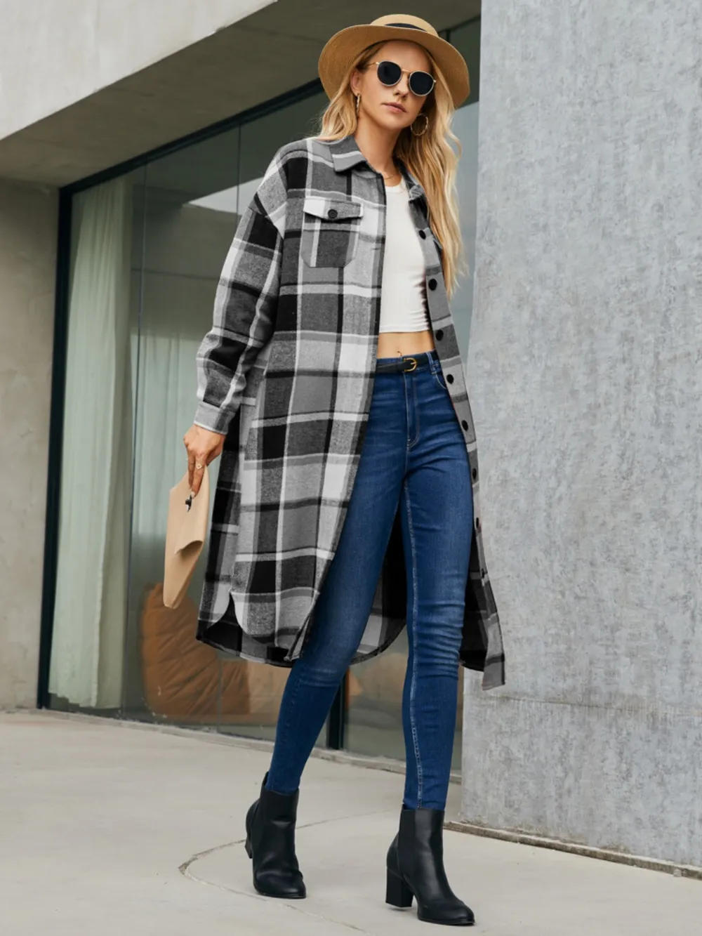 Plaid Pocketed Button Up Trench Coat, image 5