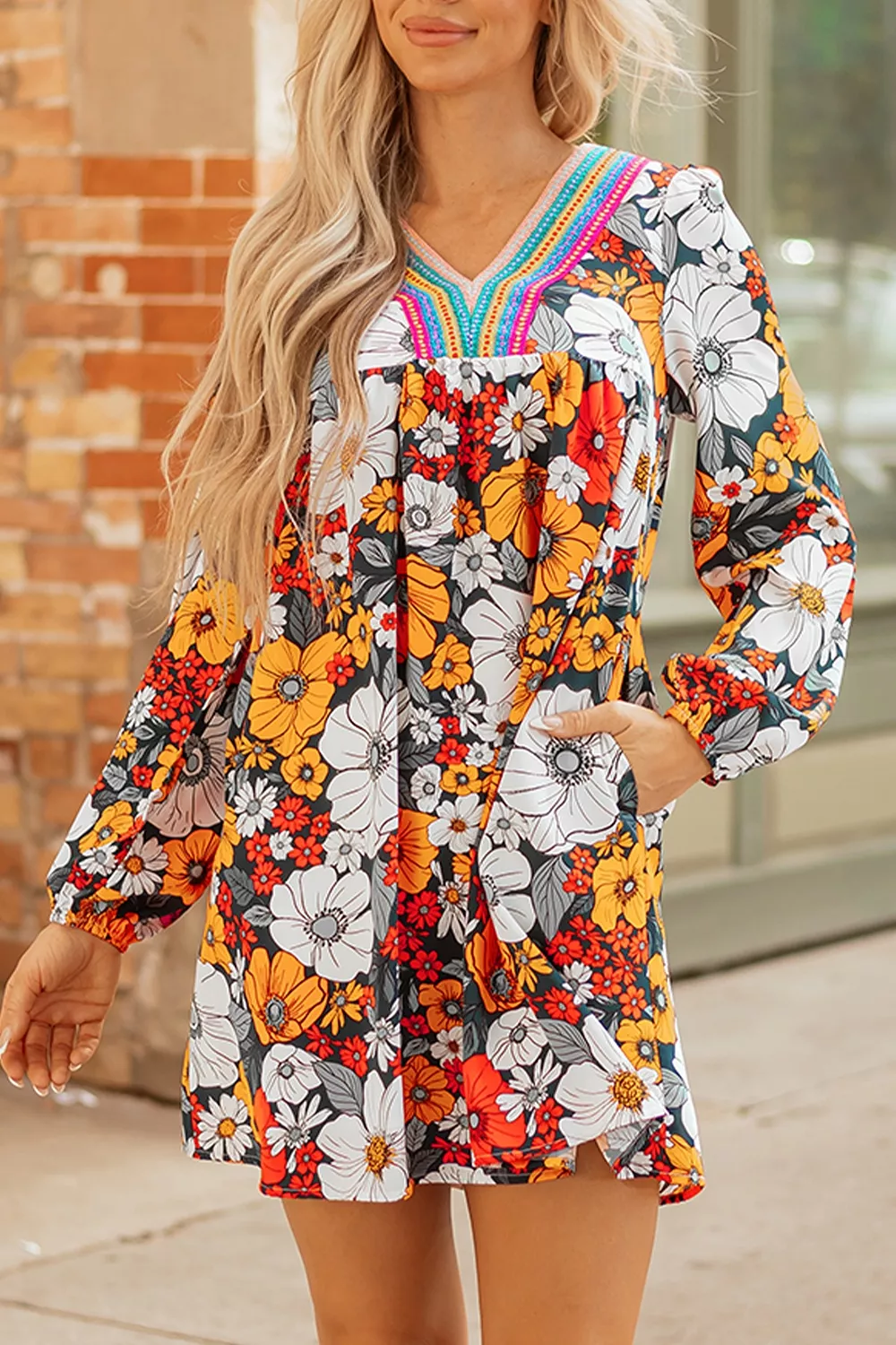 Boho Floral Print V-Neck Mini Dress with Pockets
