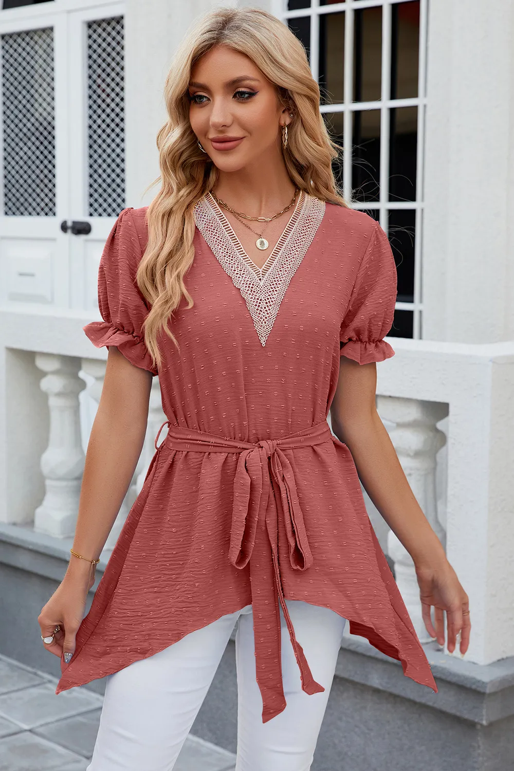 Swiss Dot Tie Waist Flounce Sleeve Blouse, image 9