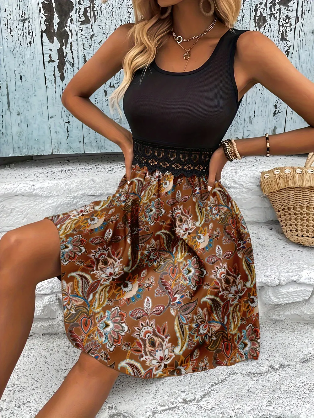 Printed A-Line Tank Dress with Lace Waist Detail, image 17