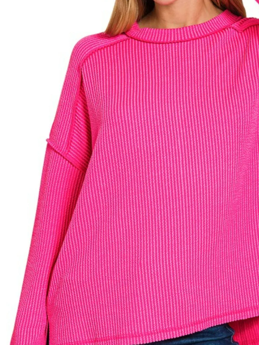 Exposed Seam Long Sleeve Corded Rib Knit Top, image 3