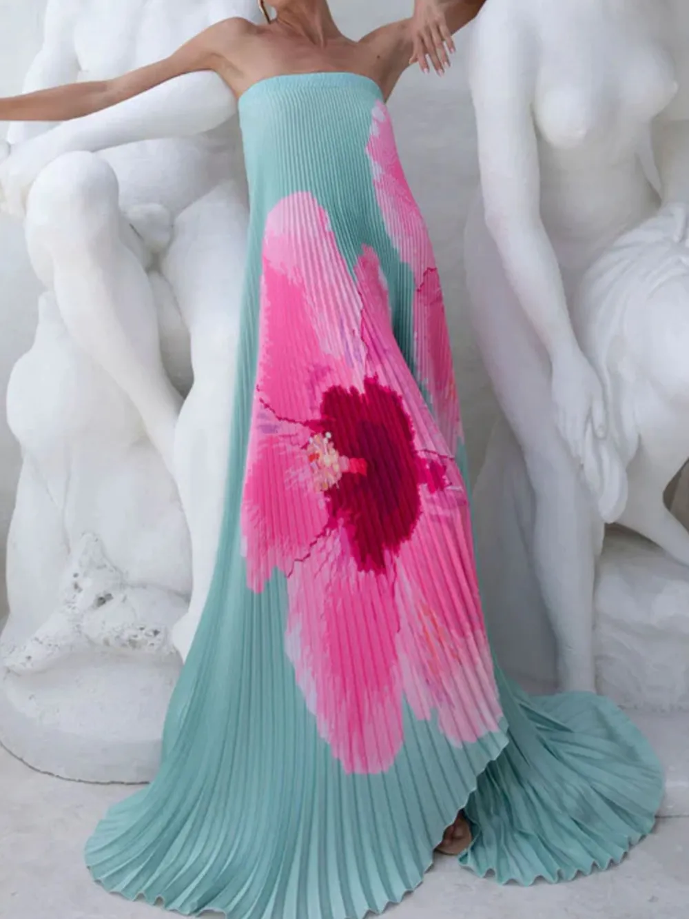 Pleated Printed Tube Floor Length Dress, image 4