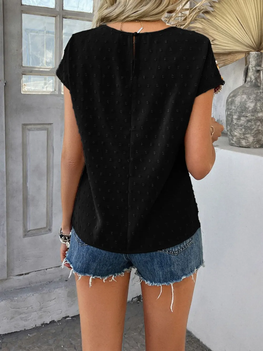 Swiss Dot Round Neck Crochet Short Sleeve Top, image 21