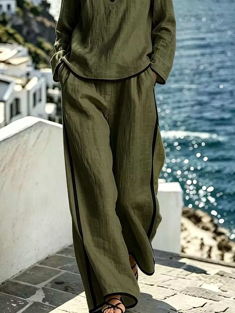 Contrast Trim Long Sleeve Top and Pants Set, image 4