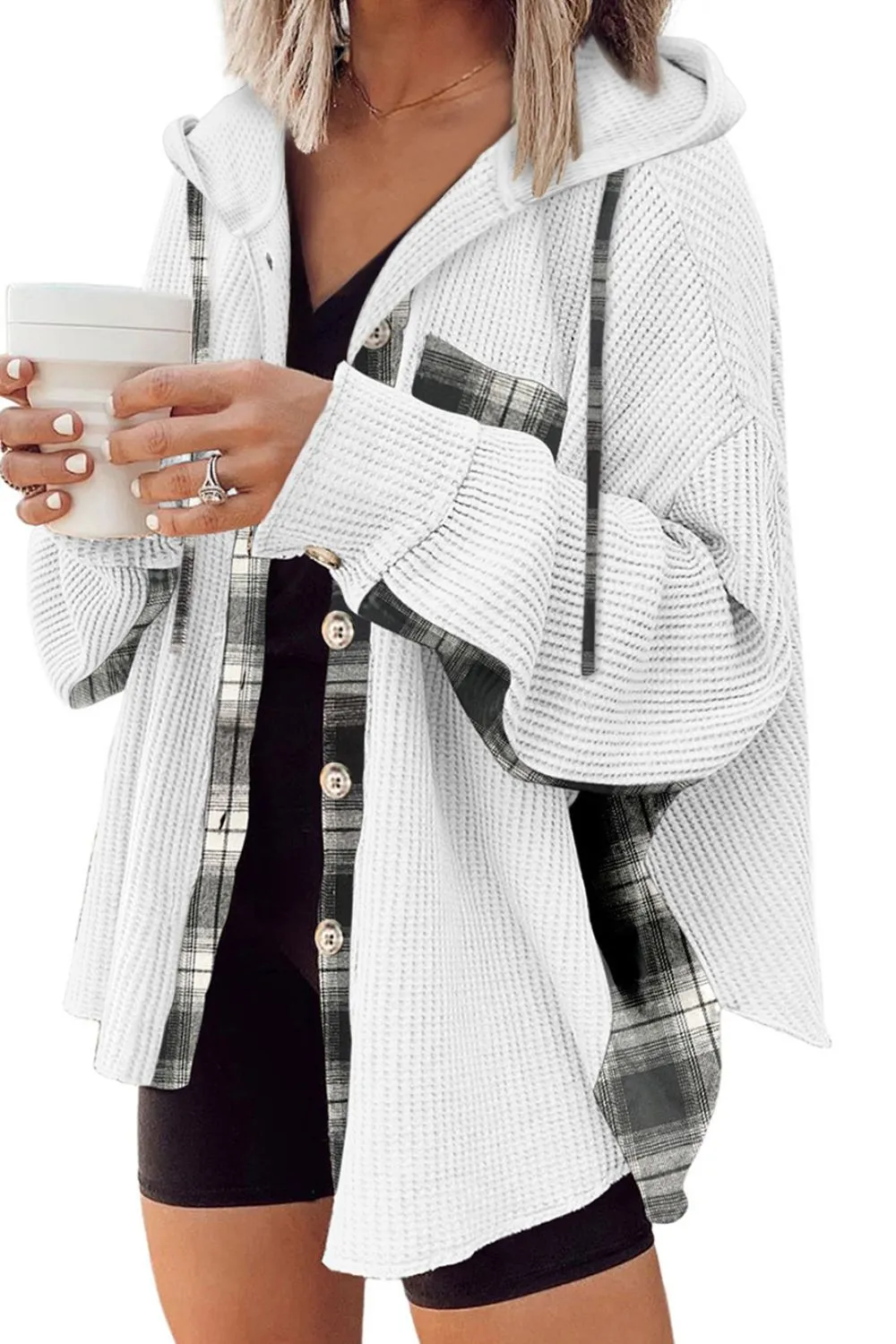 Waffle Knit Plaid Patchwork Drawstring Hooded Shacket, image 16