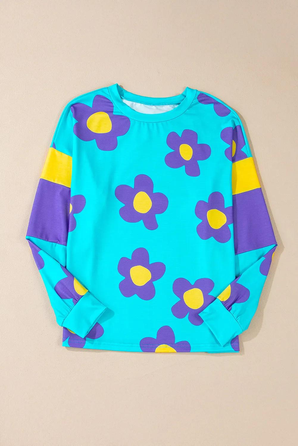 Contrast Flower Round Neck Long Sleeve Blouse, image 5