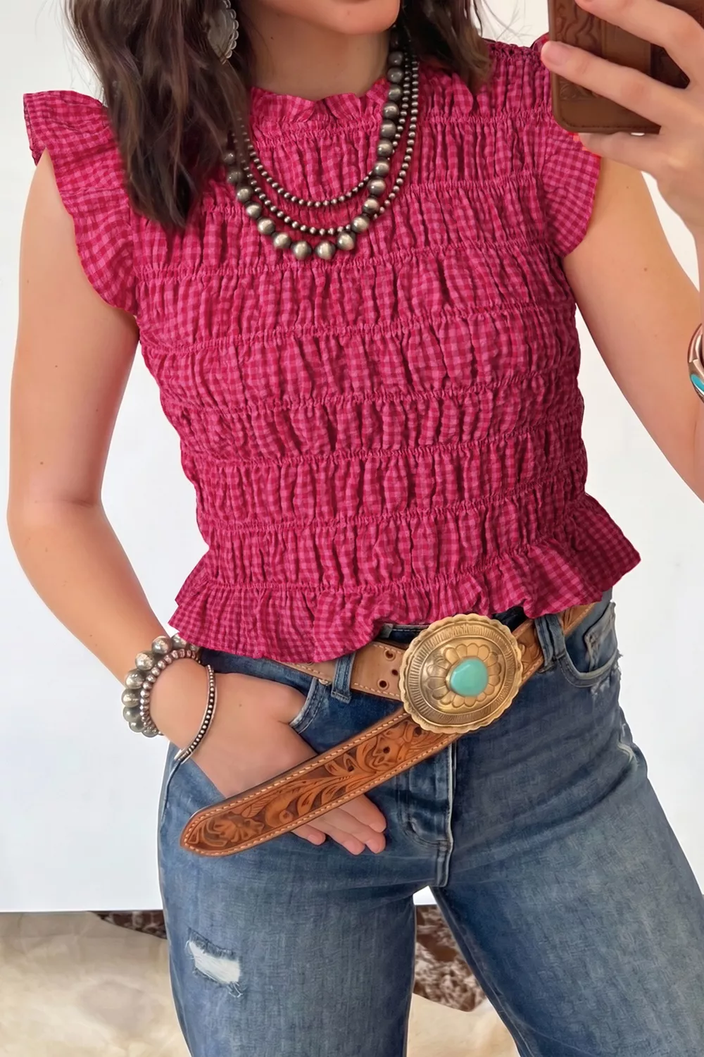 Smocked Gingham Ruffle Sleeve Tank, image 2