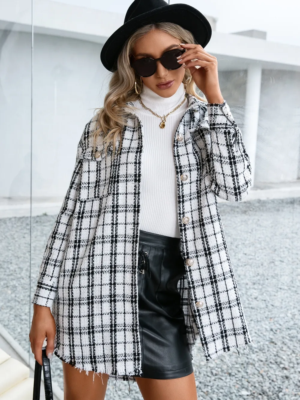 Plaid Pocketed Button Up Dropped Shoulder Jacket, image 3