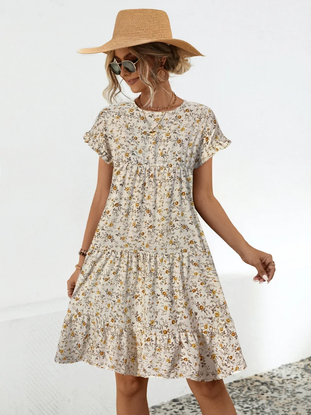 Frill Floral Round Neck Short Sleeve Tiered Dress, image 5