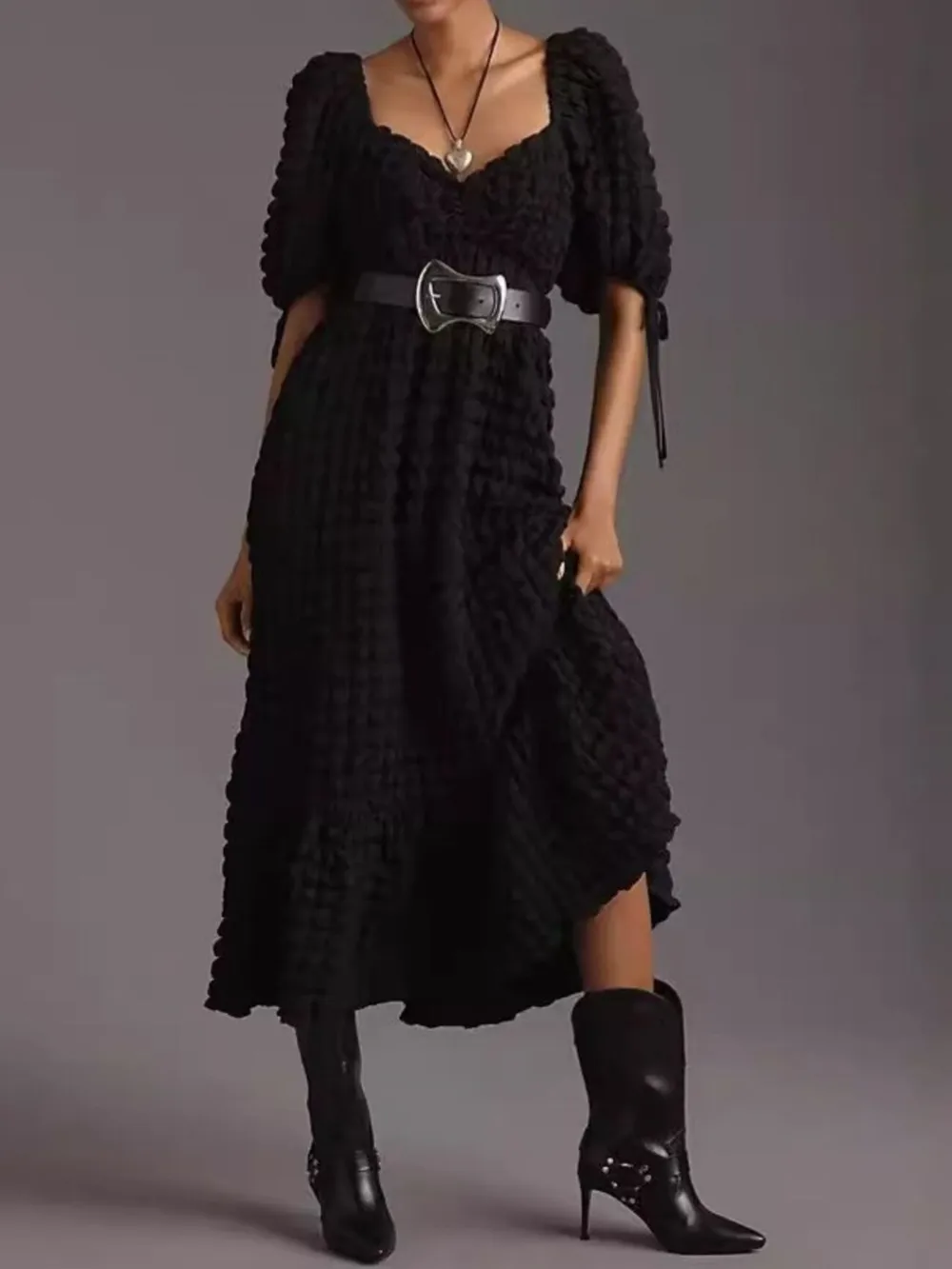 Textured Sweetheart Neck Short Sleeve Dress, image 11