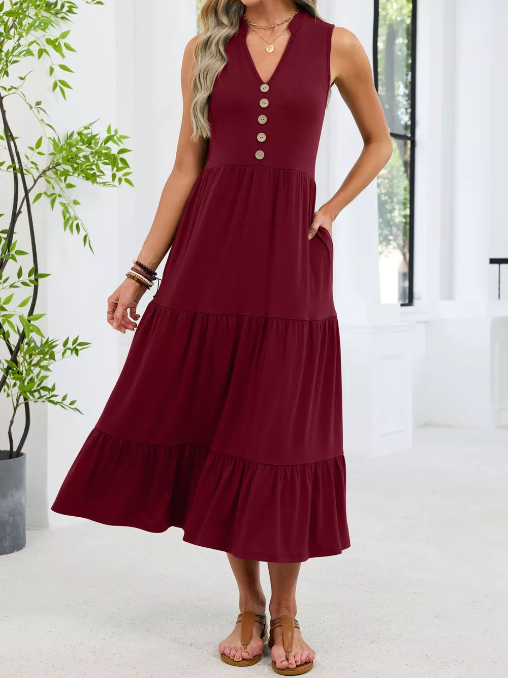 Sleeveless Notched Tiered Midi Dress, image 20