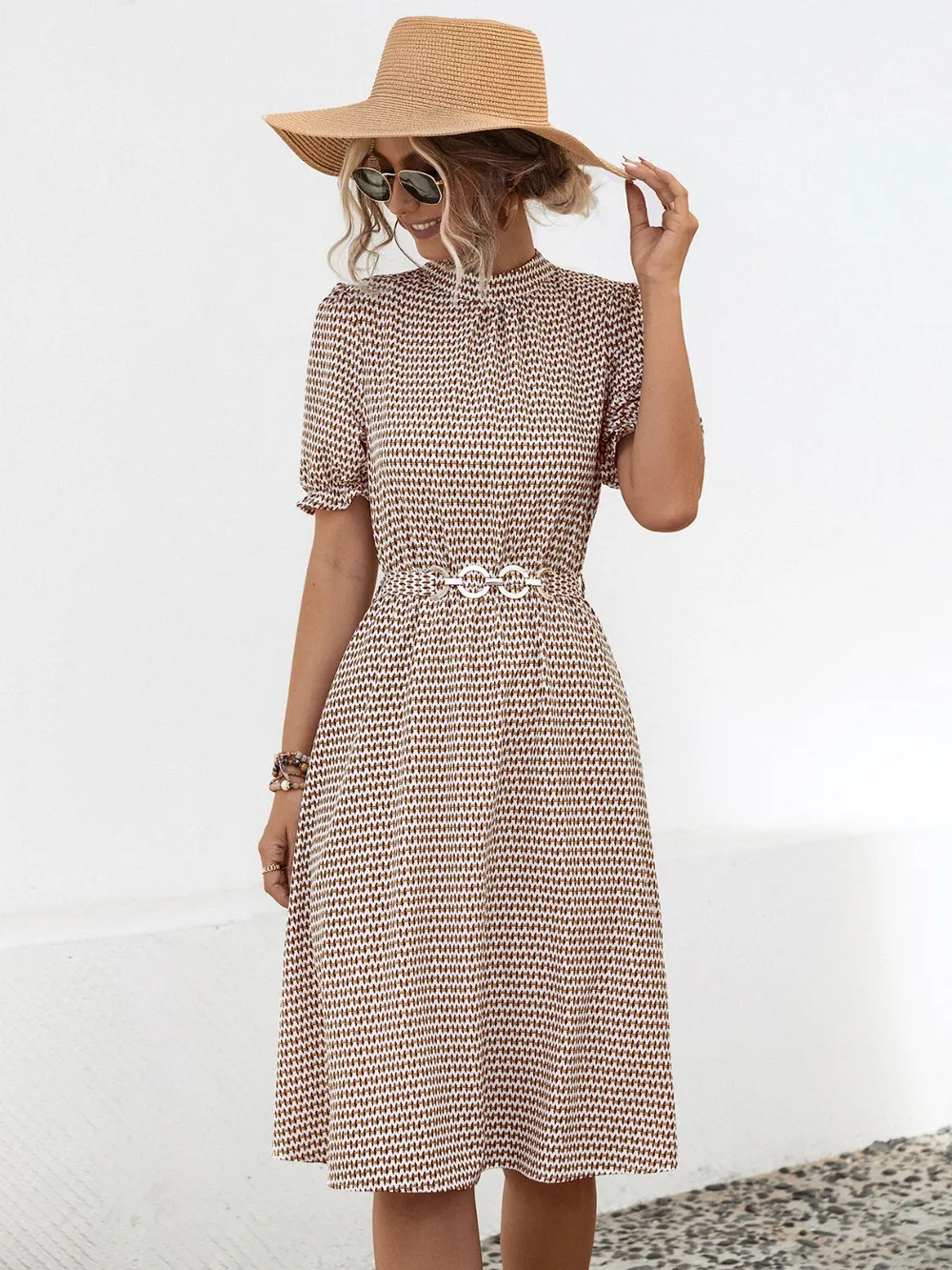 Printed Mock Neck Flounce Sleeve Dress, image 10