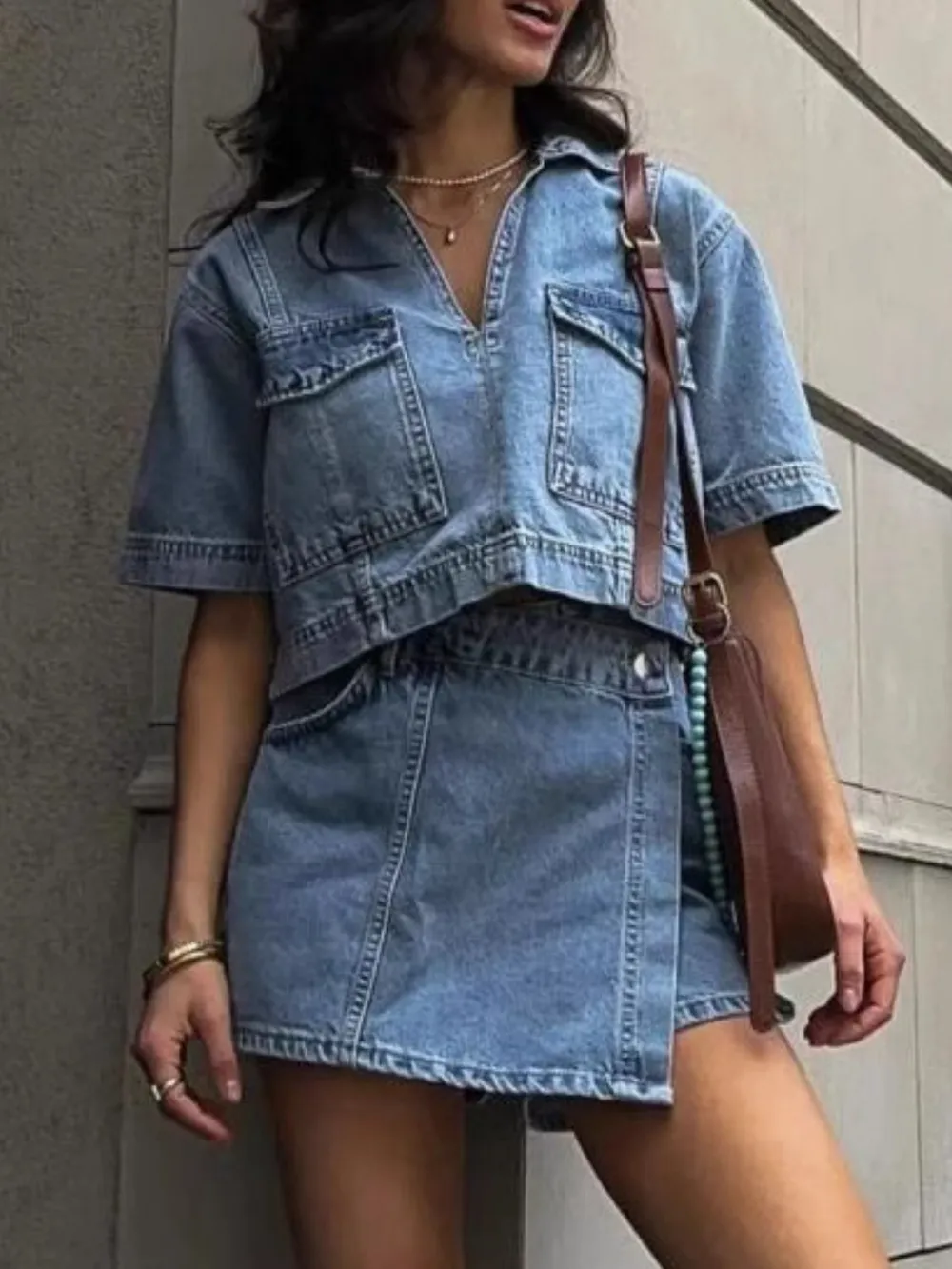 Johnny Collar Short Sleeve Top and Skort Denim Set, image 7