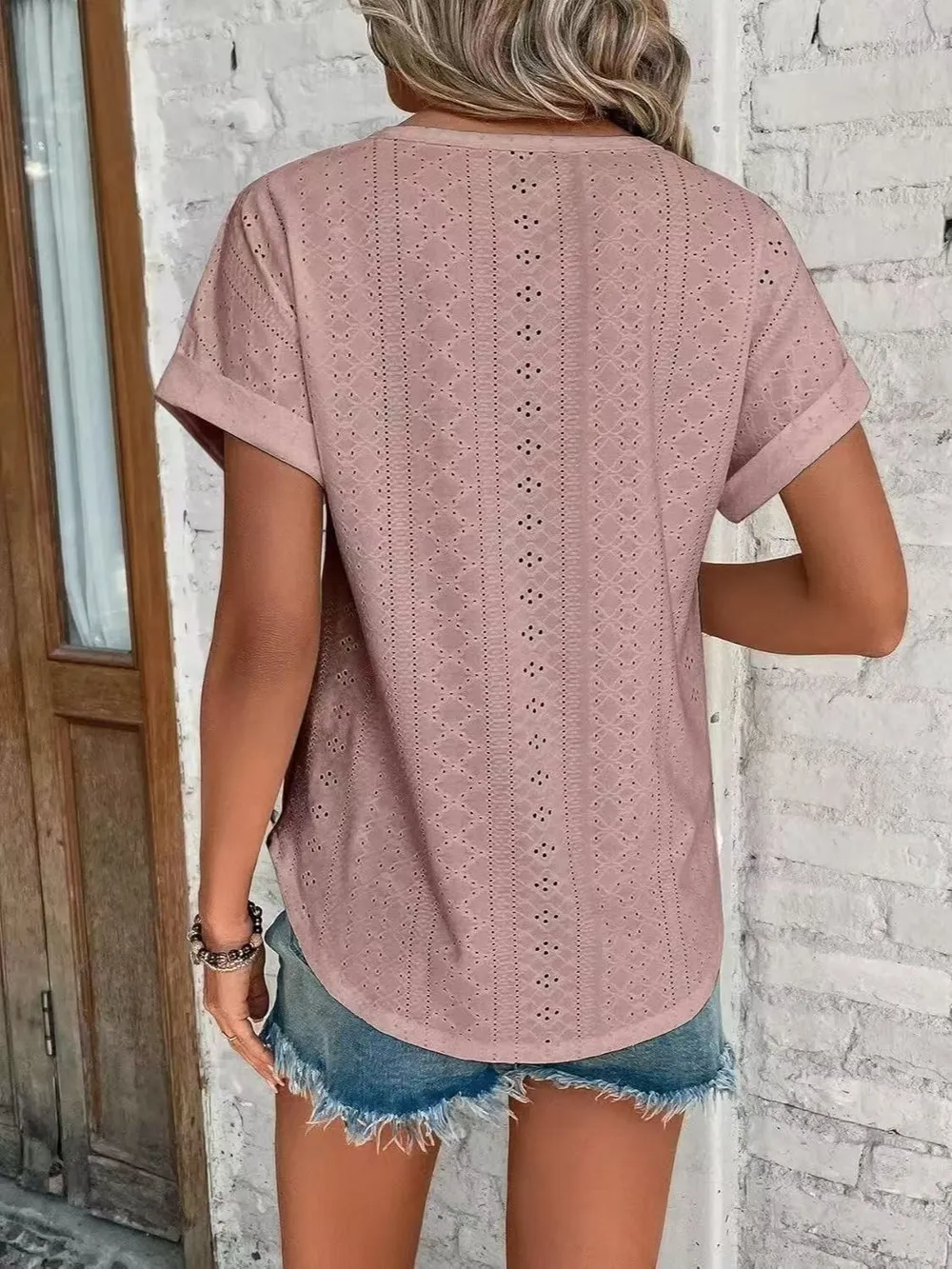 Eyelet Round Neck Short Sleeve Top, image 20