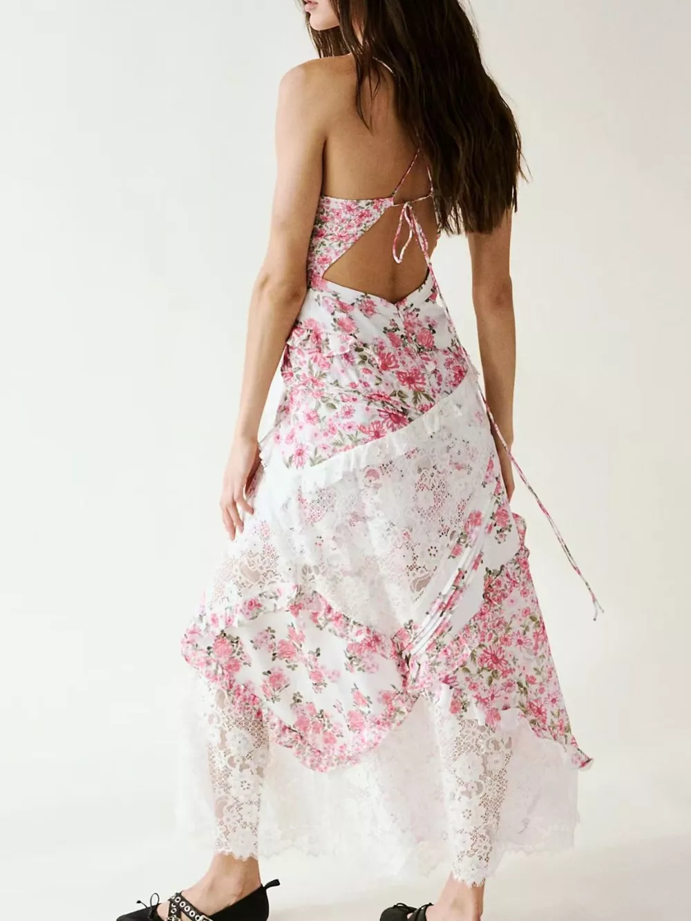 Lace Floral Print Ruffle Trim Maxi Dress, image 13