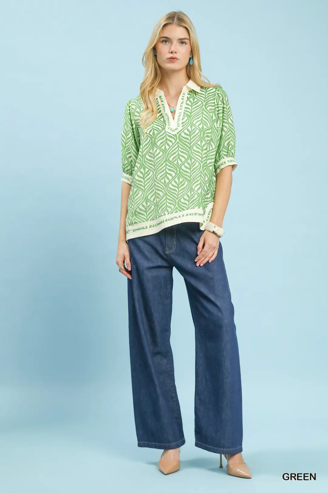 Geometric Leaf Print Popover Top, image 3