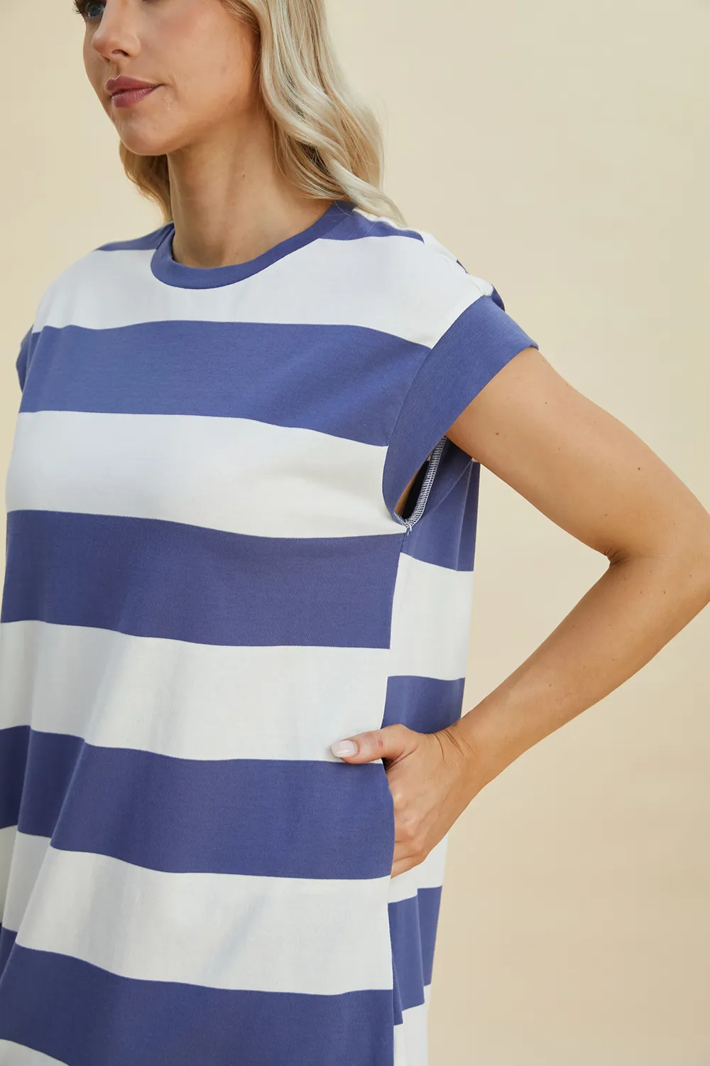 Full Size Striped Round Neck Cap Sleeve Mini Dress, image 16