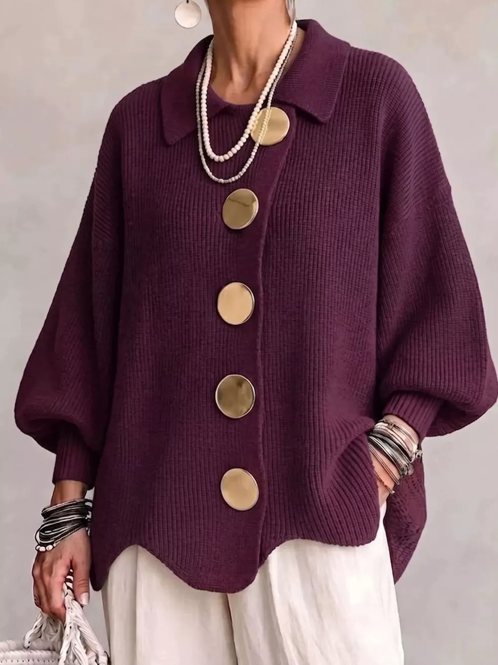 Full Size Gold Buttons Lantern Sleeve Cardigan Plus Size, image 13