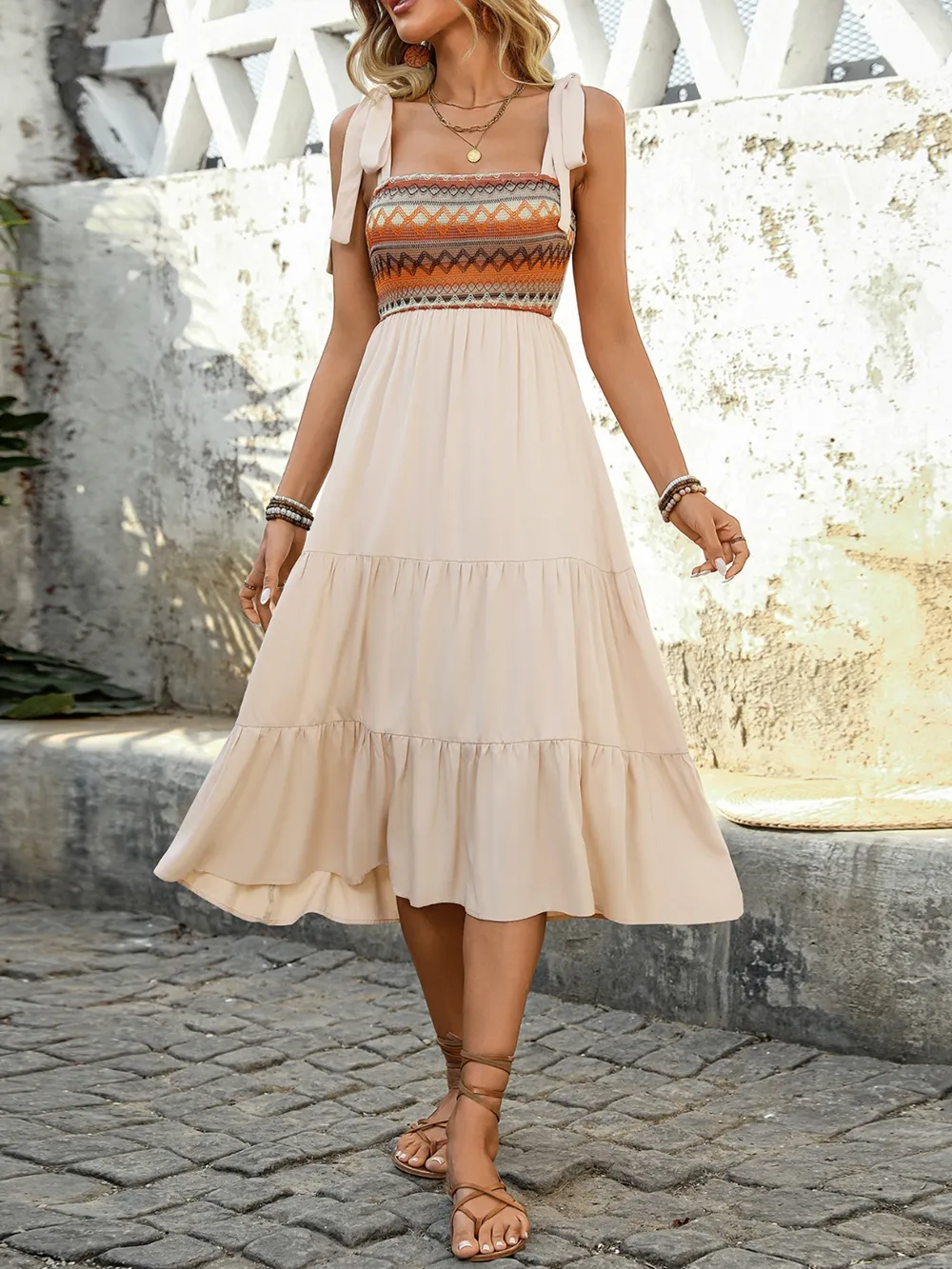 Tie Shoulder Square Neck Tiered Midi Dress, image 11