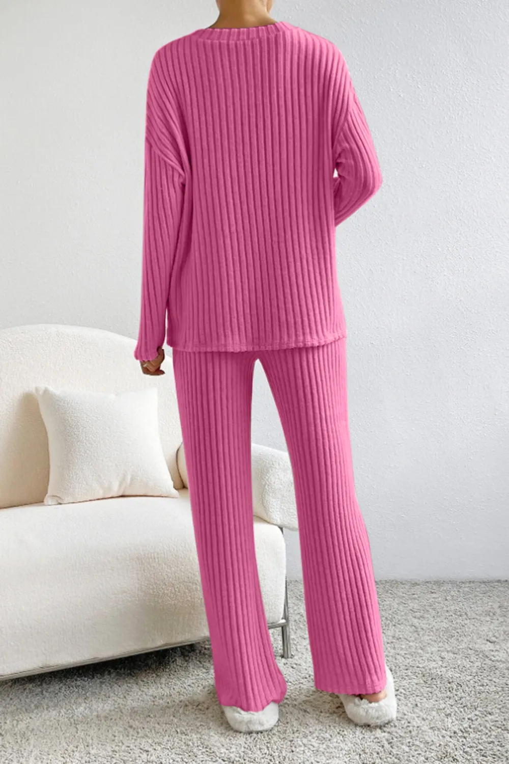 Ribbed V-Neck Top and Pants Set, image 22