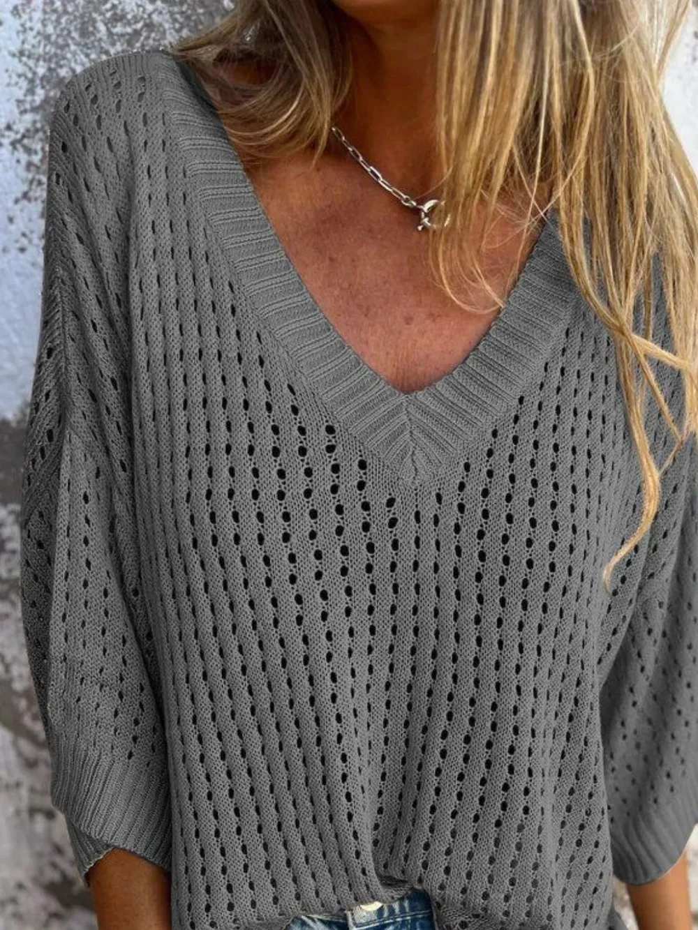 Full Size Openwork V-Neck Knit Cover Up Plus Size, image 4