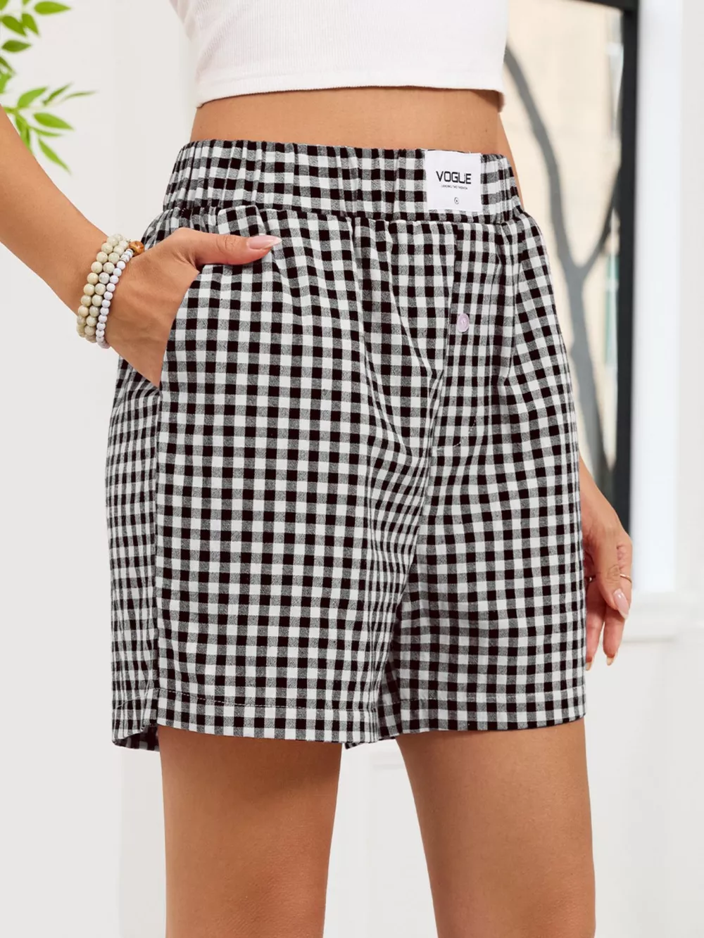 Gingham Elastic Waist Casual Shorts, image 20