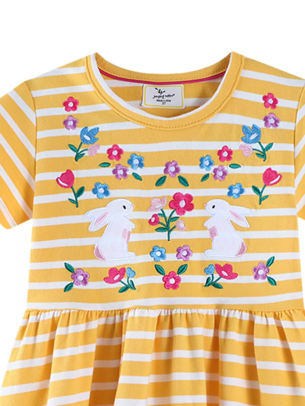 Children's Striped Bunny Embroidered Round Neck Dress, image 2