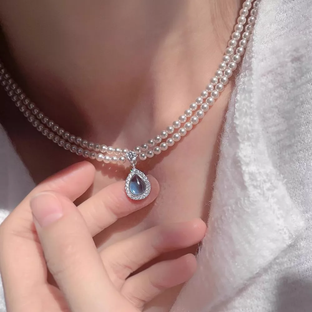 Double Layered Pearl Necklace with Teardrop Pendant, image 4